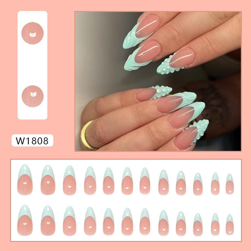 Wear nail solid color removable nail French three-dimensional fake nail European and American style almond nail 24 pieces