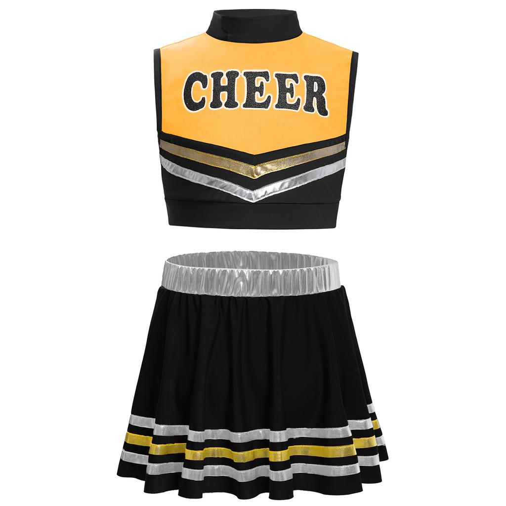 Girls Sleeveless Mock Neck Letters Printed Crop Top Elastic Waistband Striped Skirt Cheerleading Dance Set