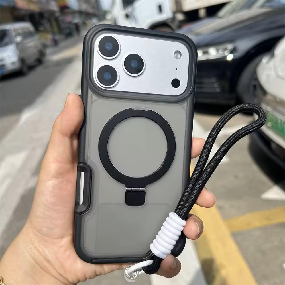 Luxury Magnetic Charging Matte Ott Anti-fall Case For iPhone Air 17 16 15 14 Plus Pro Max TPU+PC With Stand & Hand Strap Shell