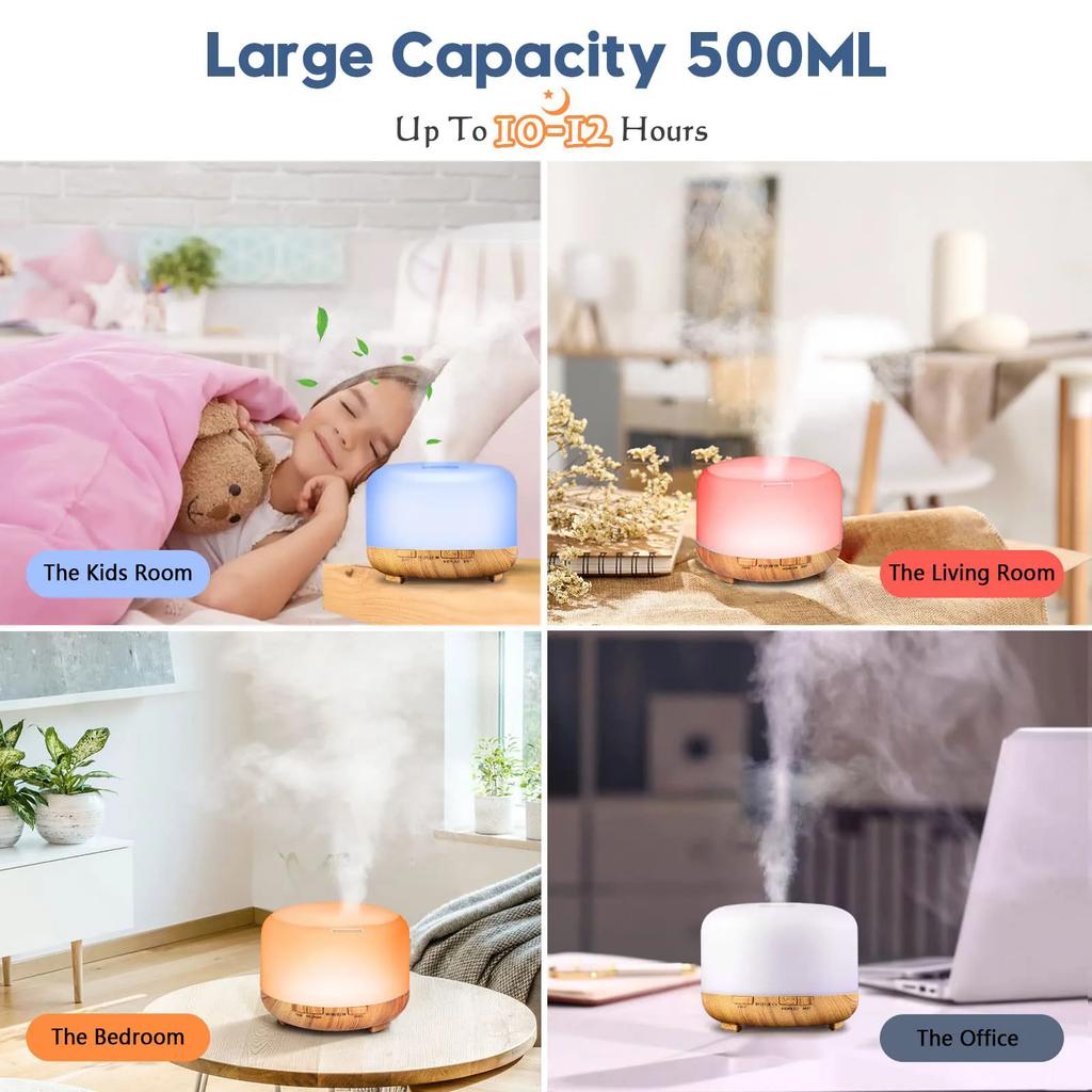 500ML Aroma Diffuser Wood Grain Color, 5V 2A Essential Oil Aromatherapy Diffuser Humidifier with Remote Control for Home Office