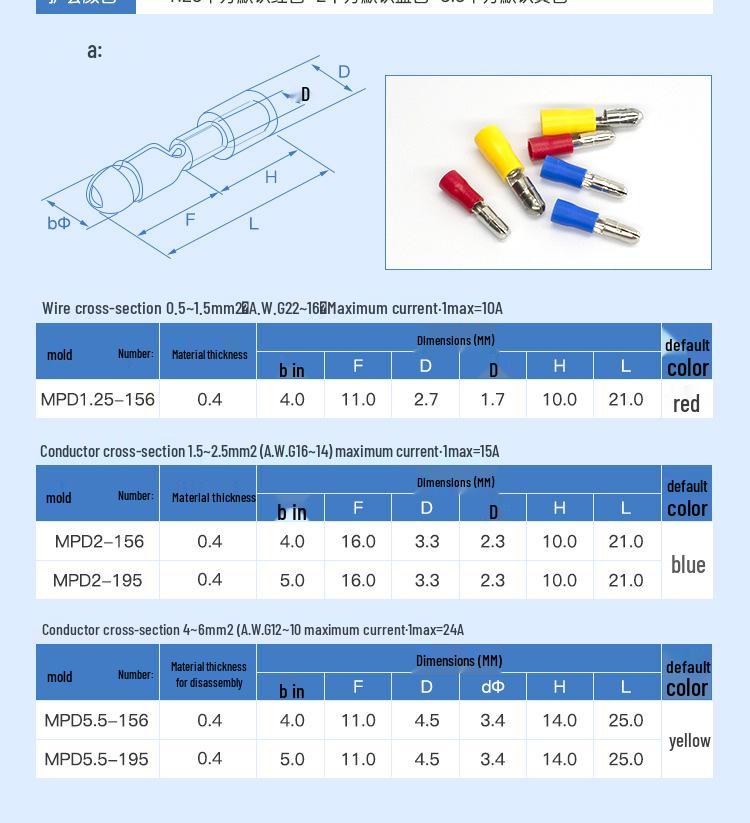CJH MPD2-156/195 Male Bullet Cold Crimp Terminal, Pre-insulated, 1000 pcs