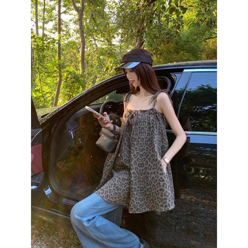 Kumikumi Gyaru Style Design Sense Leopard Print Lace-up Cami Women clothes Summer Niche Chic Loose Top