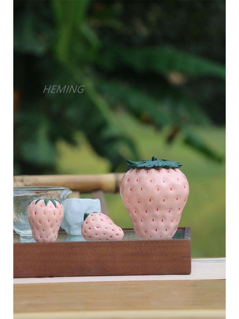 Hand-Painted Strawberry Ceramic Tea Can Ornament for Home Decor and Photography