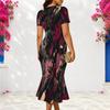 Women Plus Size V Neck Short Sleeve Printed Fitted Fishtail Dress With Pockets