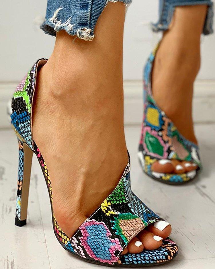 

35-43 Retro color snake pattern word with large size high heel sandals women s shoes 42