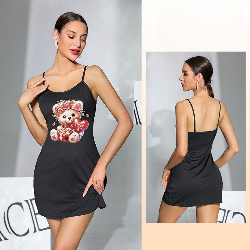 Multi-Pattern Short Cami Nightgown Unique Print Black/White Women's Loungewear 929 Trendy Versatile Sleepwear with Bold Print Choices