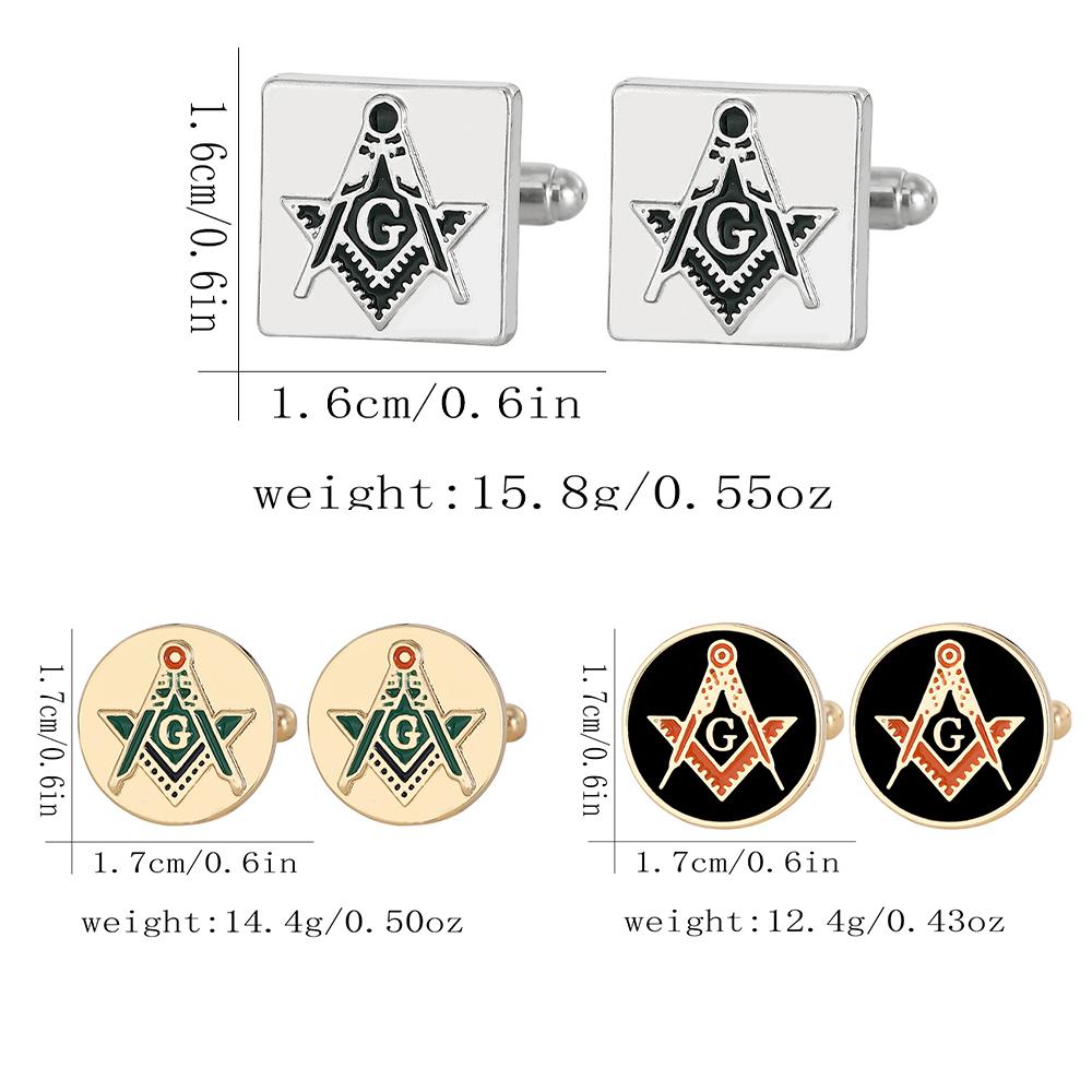 Classic Silvery Mens Masonic Symbols Pattern Square Cufflinks Red And Green Colors Freemason Emblem Round Sleeve Button