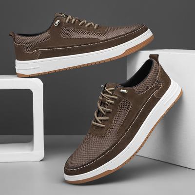 Men Genuine Leather Shoes Breathable Lace Up Sneakers Comfort Mesh Casual Shoes Outdoor Man Skate Shoes Vulcanize Shoes
