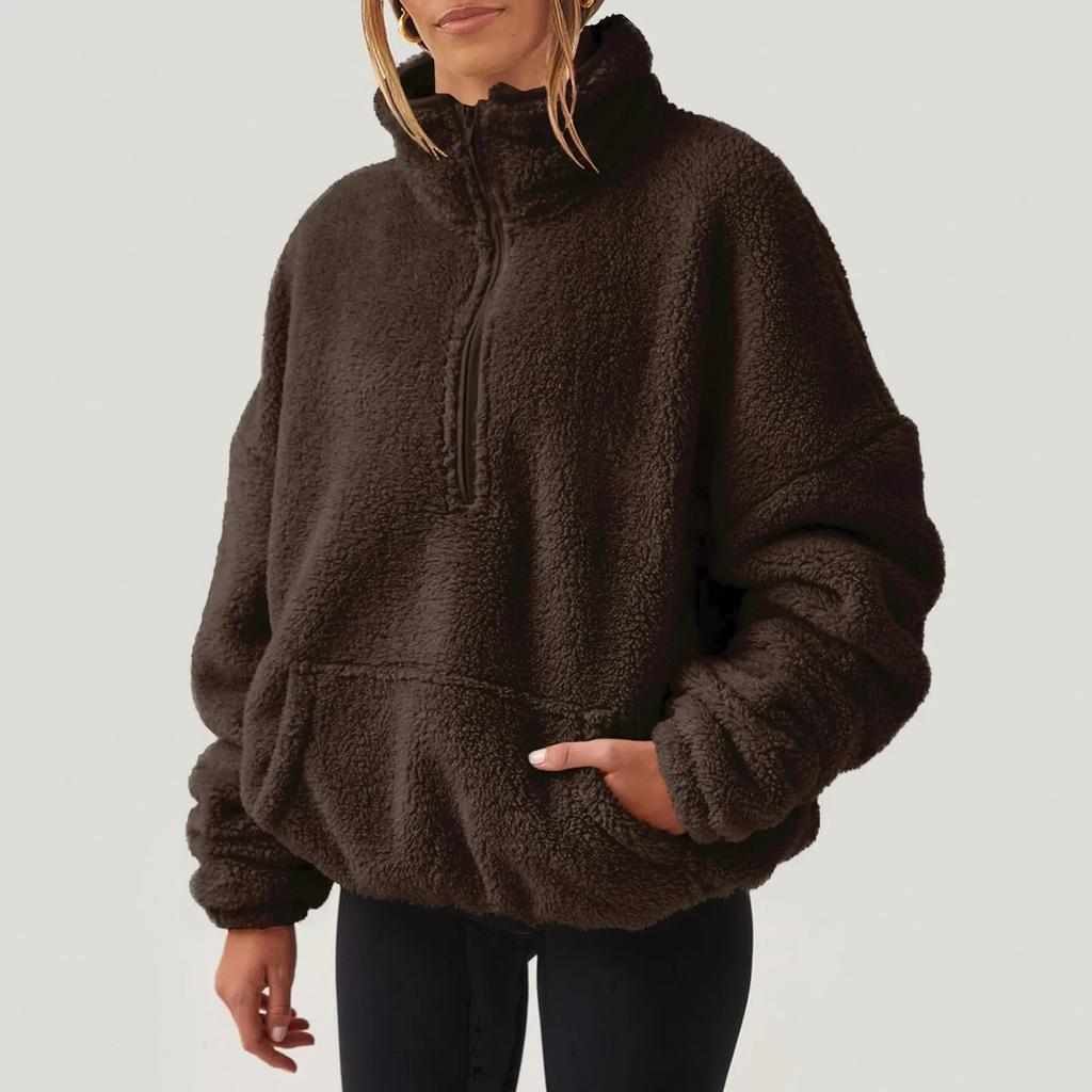 Female Winter Warm Wool Plush Fashion Casual Long Sleeve Pocket Drawstring Half Zipper Thick Pullover Sweatshirt