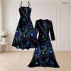 Women Plus Size Two Piece Set V Neck Strappy Flared Dress Long Sleeve Open Front Long Cardigan Printed Black Green Gold