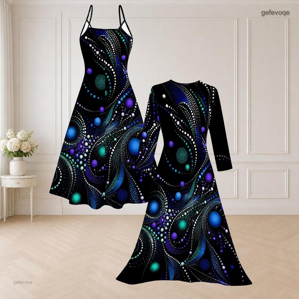 Women Plus Size Two Piece Set V Neck Strappy Flared Dress Long Sleeve Open Front Long Cardigan Printed Black Green Gold