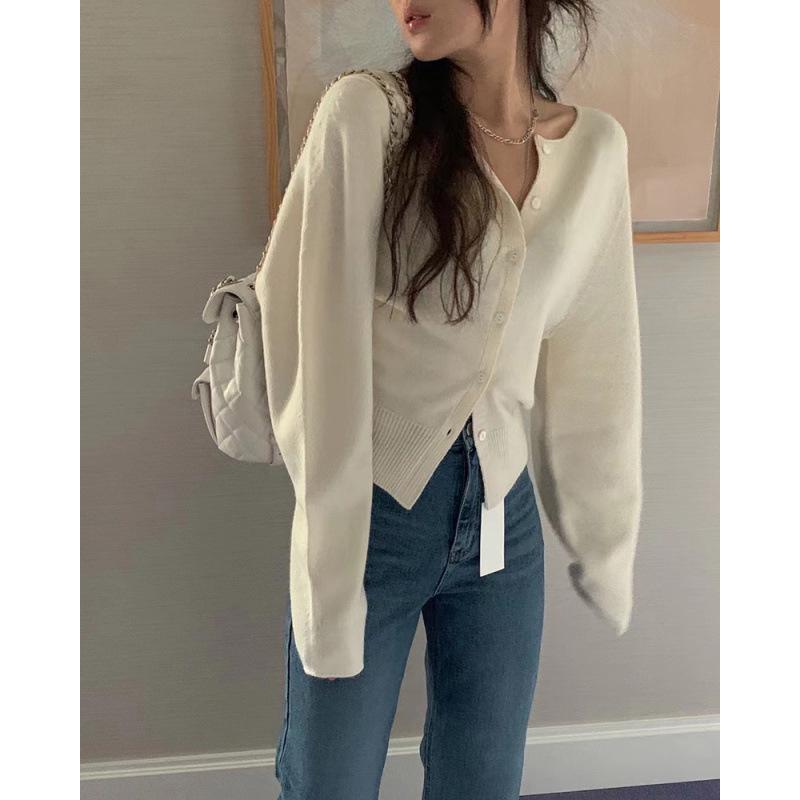 Women's Baby Blue Patchwork Single-Breasted Knitted Cardigan – Korean Style, Autumn Casualwear