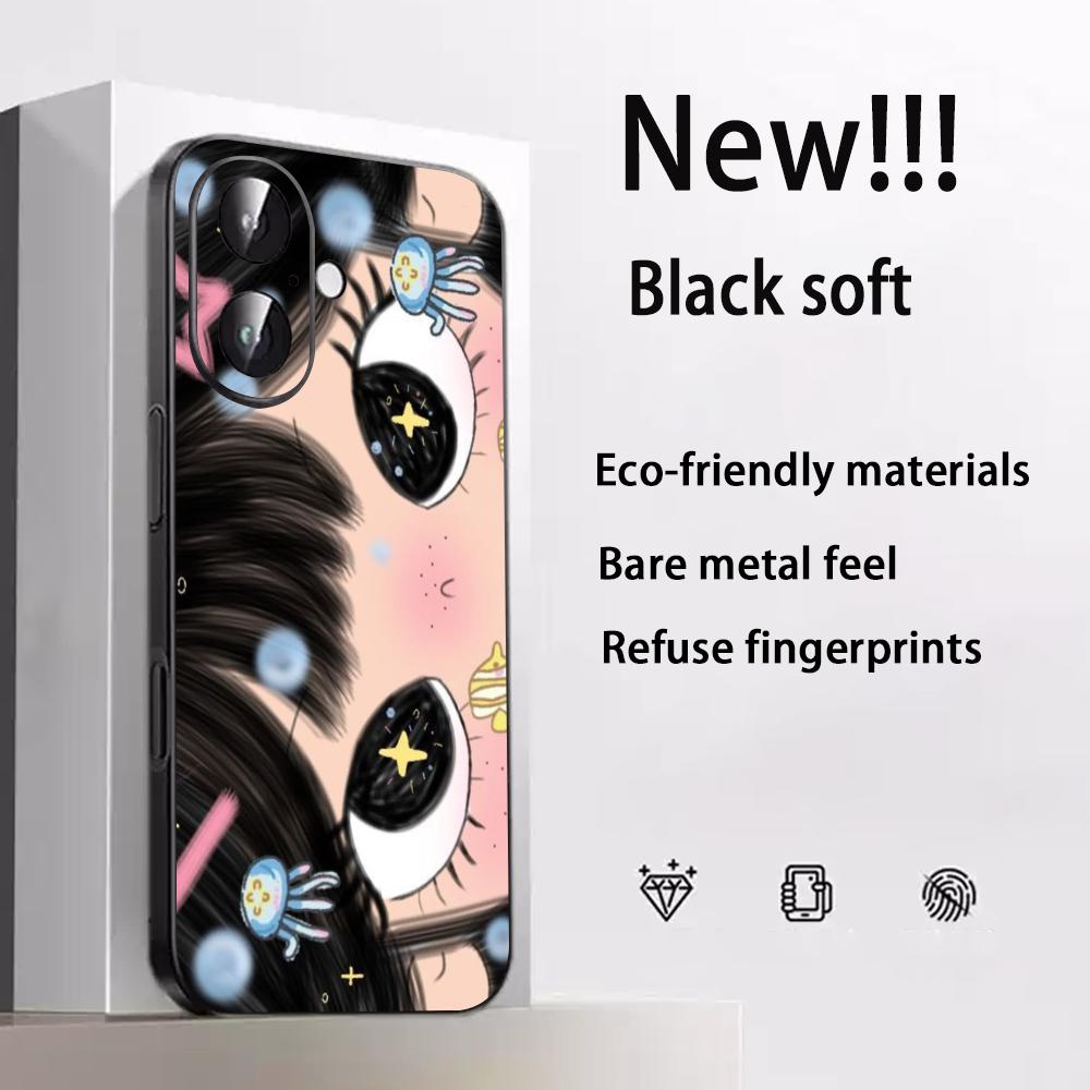 Big-eyed Cute Girl Cartoon Design Phone Case For iPhone 17 16 E 15 14 13 12 Plus Mini Pro Max Soft Black Shockproof Cover