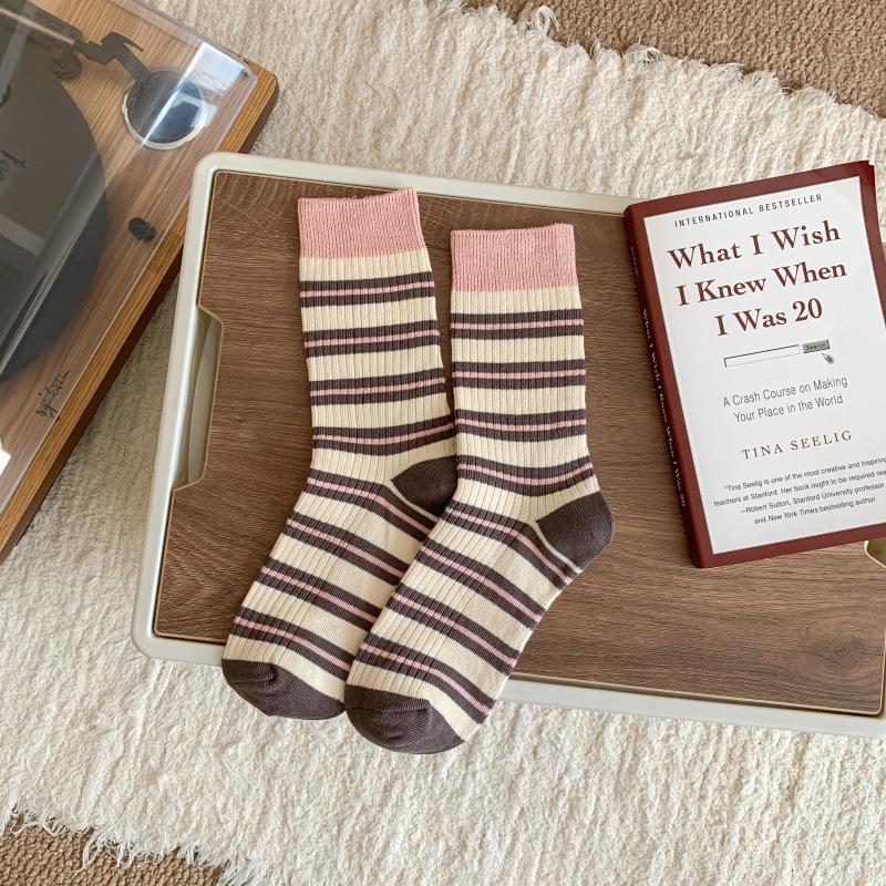 Korean Striped Color Block Mid-Calf Socks for Women - Autumn/Winter Cotton Versatile Xiaohongshu Style.
