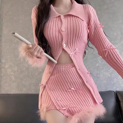 2023 Jesenný ružový pletený oblek Žena Kawaii Elegantná súprava Kórea Móda Oblečenie Žena Ležérne Sveter + Slim Bodycon Y2k minisukňa