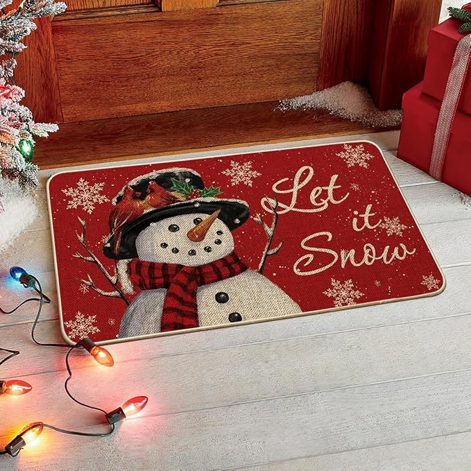 Christmas Carpet Mat Rug Snowman with Red Scarf Hat Design Let It Snow MERRY Christmas Text Floor Mat for Home Decoration