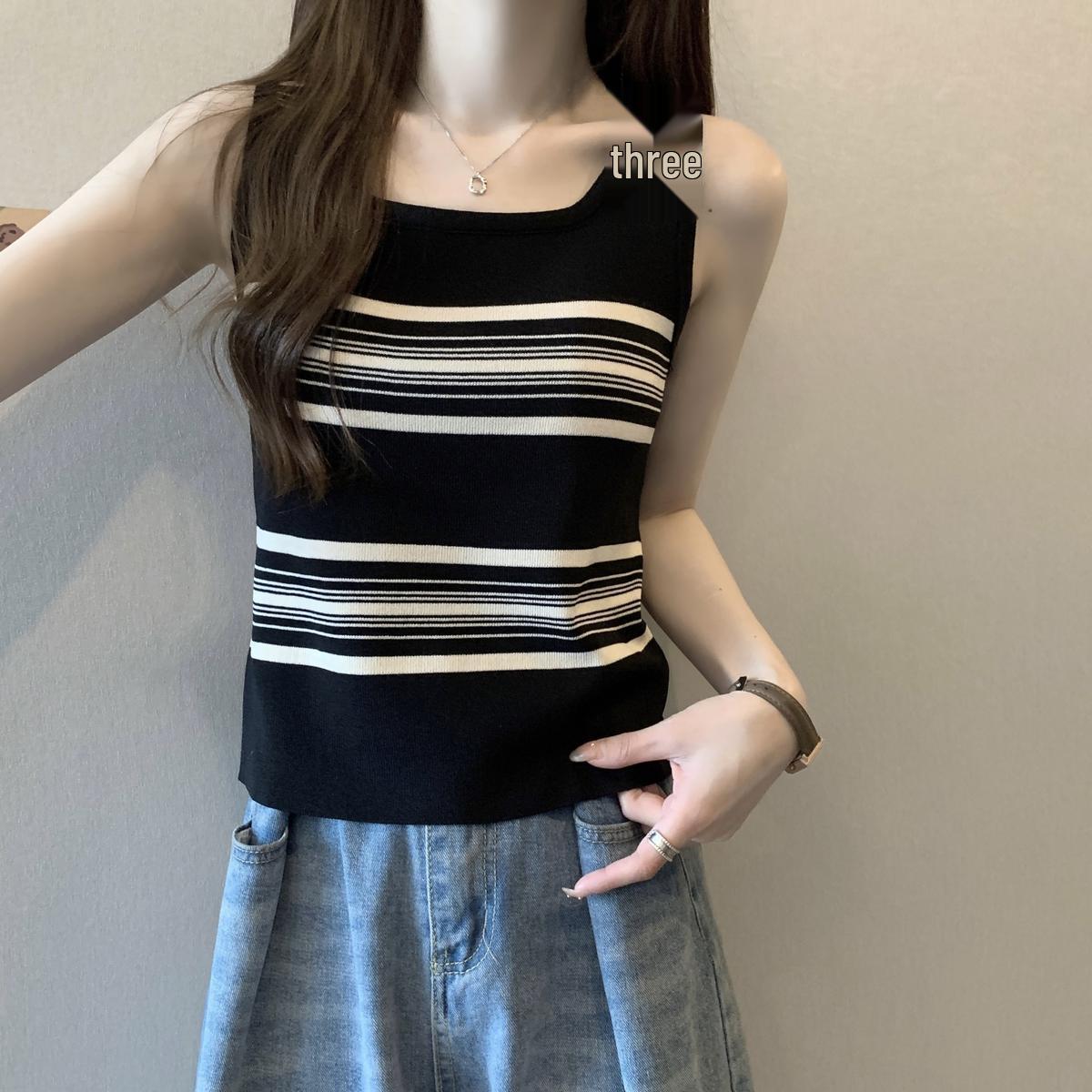 

Striped Contrast Ice Silk Camisole - Women s Summer Sleeveless Square Neck Top M (80-100 jin) чёрный