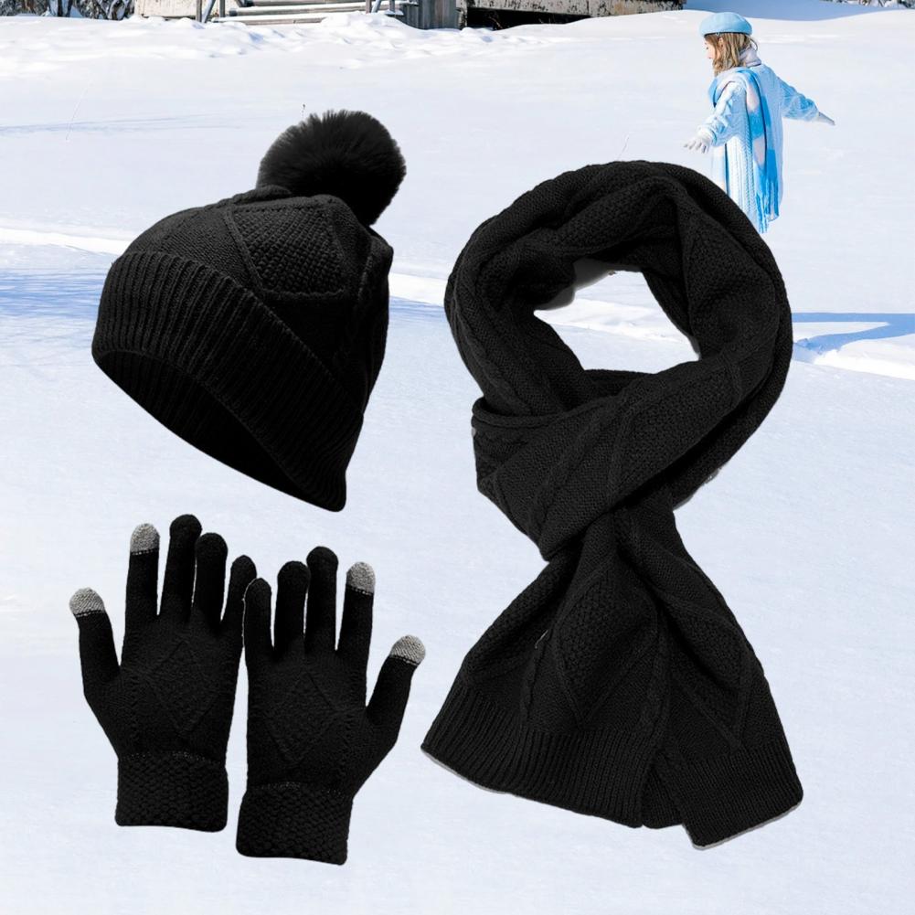3 Pcs/Set Men Winter Hat Scarf Gloves Set Thick Knitted Warm Elastic Ear Five Fingers Windproof Winter Outdoor Cyclin