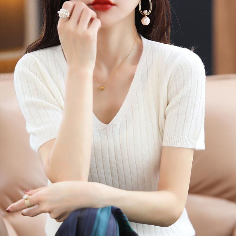 Knitted Short Sleeve Women V-Neck T Shirts Slim Fit Tops Ladies Spring Summer Camiseta Casual Pullovers Shirts