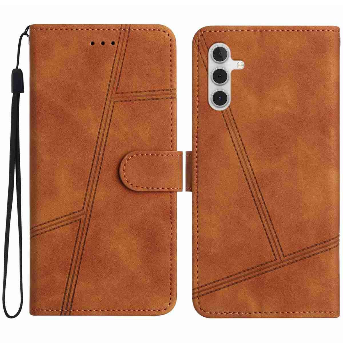 

For Samsung Galaxy S25 FE Case Lines Imprinted Flip Leather Retro Phone Cover with Wrist Strap Brown