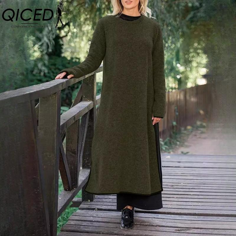 QICED Damenmode Frühling Herbst Einfarbig Druck Kurzarm Langarm Hohe Taille Freizeitkleider