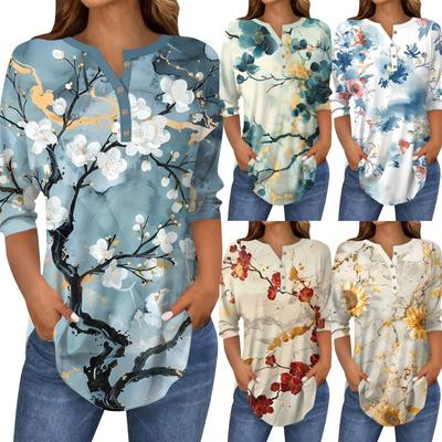 3/4 Sleeve Shirts For Women's Fashion Casual Round Neck Printed T-Shirt Top