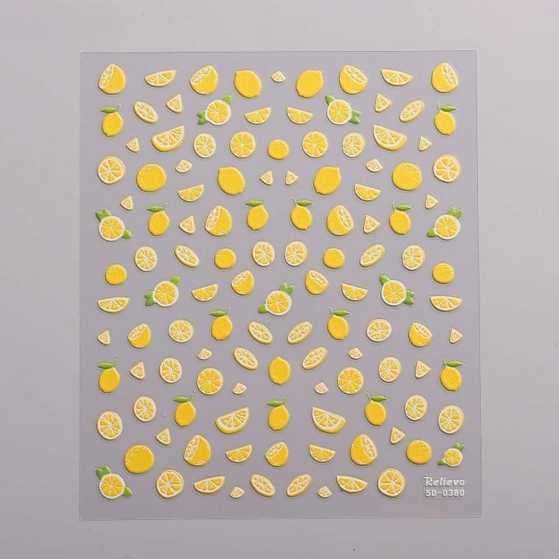 3pcs 5D Summer Lemon Nail Art Sticker Emboss Fruit Self-Adhesive Nail Decals Nails DIY Manicure Decoration for Girls and Women