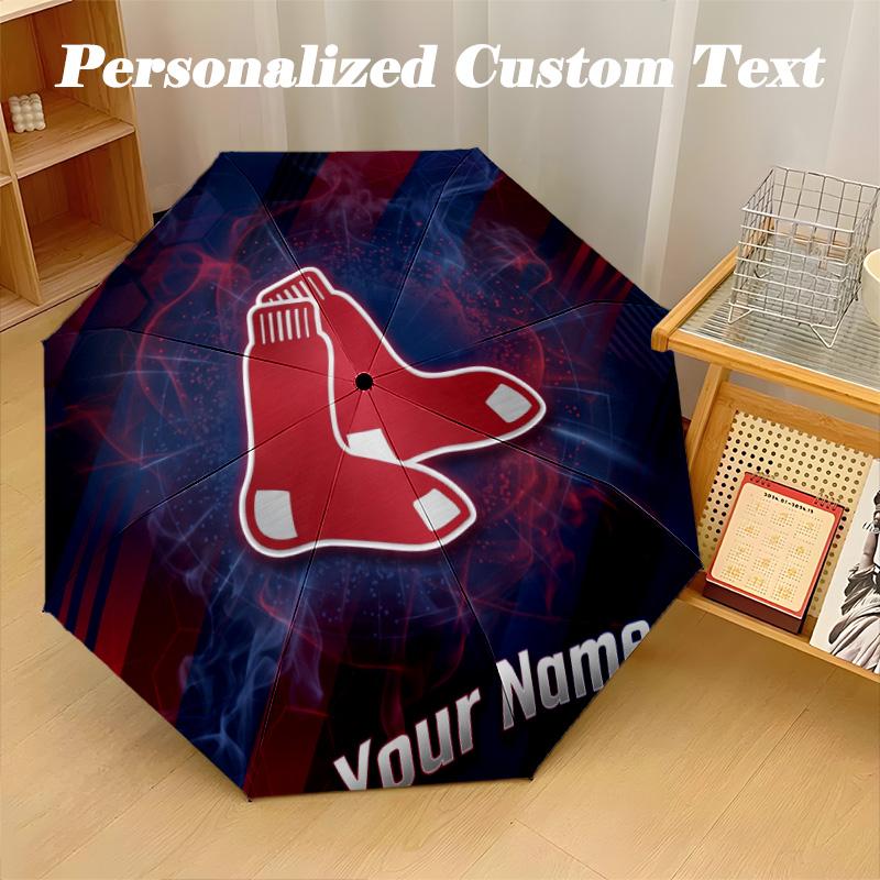 Boston Red Sox Automatic 8‑ribs Umbrella, Custom Name Text Personalized Folding Umbrella Rain Sun Gift