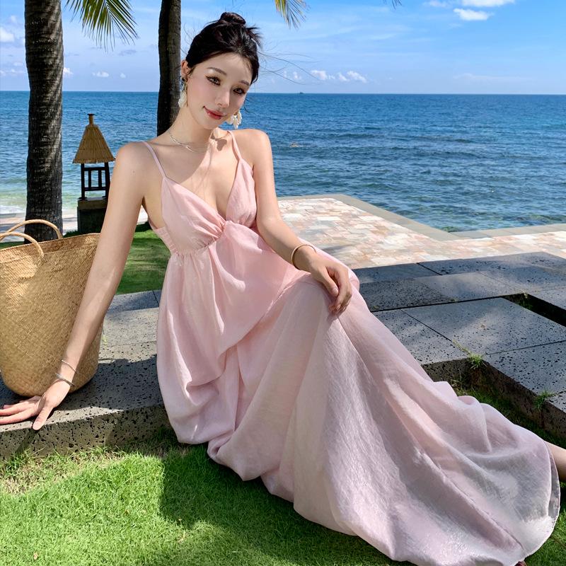 Pink French Backless Camisole Dress - Elegant Beach-Ready Evening Gown for Women