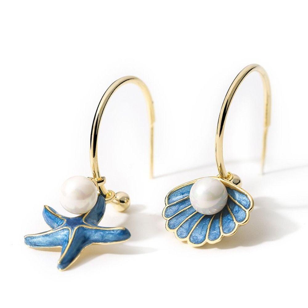 

Starfish Eardrops Blue Dangle Earrings C-shape Pearl Earrings Daily Wear синій