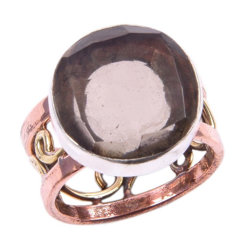 Natural Smoky Quartz Gemstone 925 Sterling Silver Jewelry Two Tone Ring S.6 u6q96