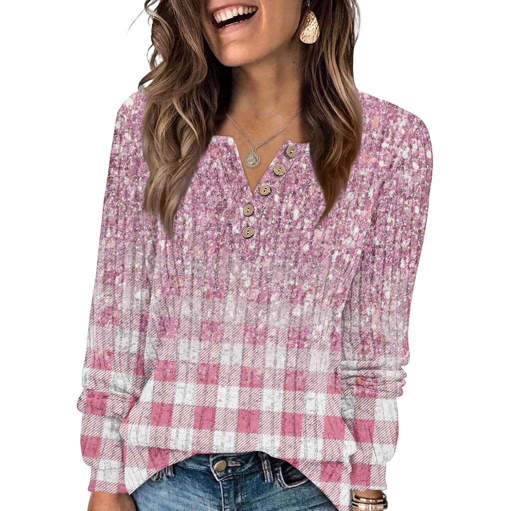 Women's Fashion V-Neck Button-Up T-Shirt With Patchwork Print Long-Sleeved Top
