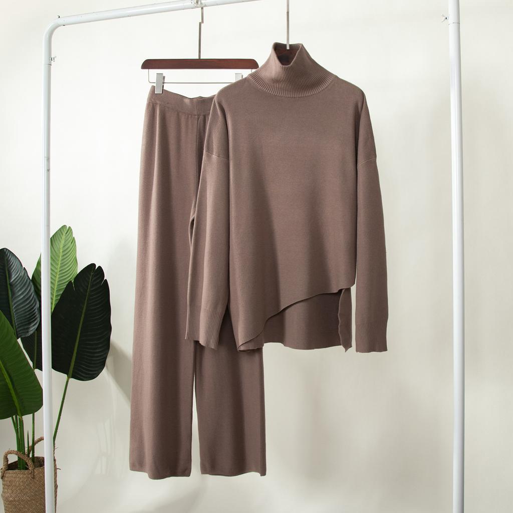 GMXIA Women's Half Turtleneck Sweater Set Irregular Bevelled Sweater + Knitted Wide Leg Pants Two Piece Set