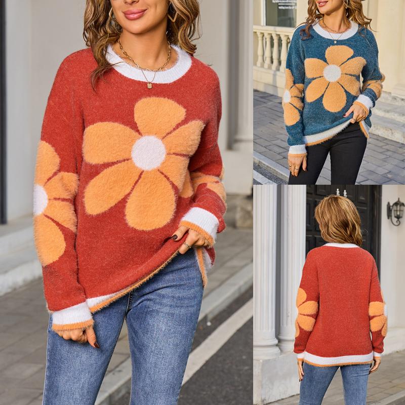 New Autumn and Winter Floral Furry Sweater Long-sleeved Round Neck Sweater