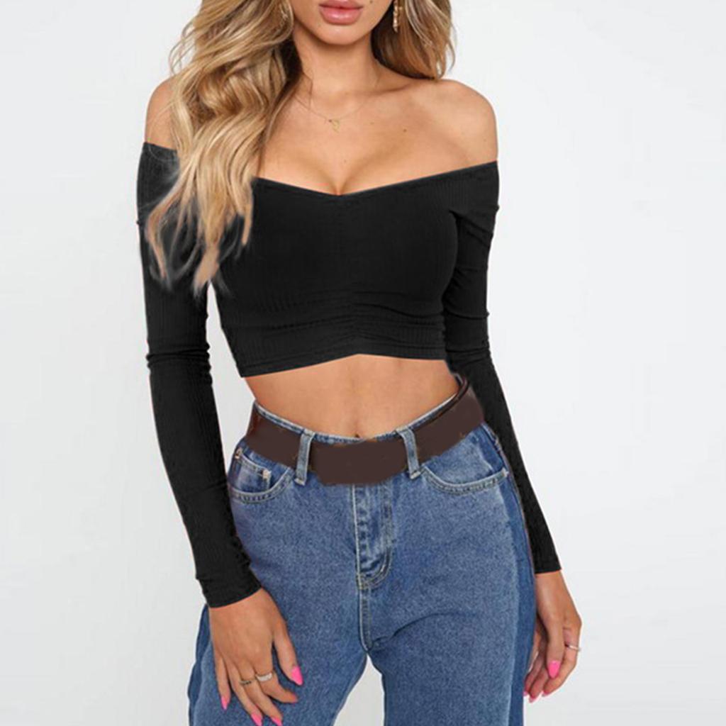 Sexy Long Sleeve Off Shoulder T-shirt Crop for Women Spring Summer Autumn Basic Tees Fashion Female T-shirt Solid Color Tops