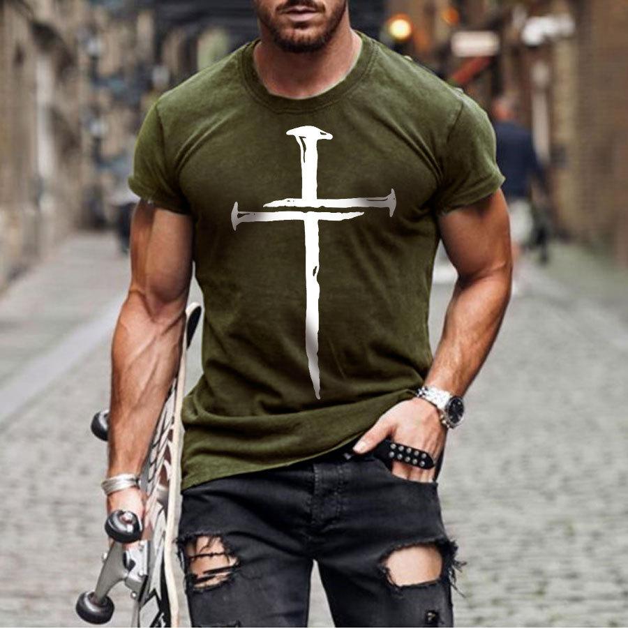 2024 Summer Retro Cross Pattern New Short Sleeved Round Neck Printed Men's T-shirt