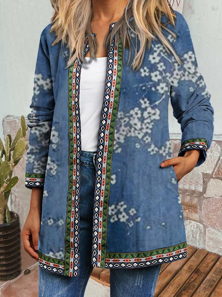 Women's Crew Neck Long Sleeve Cardigan Oversized Vintage Ethnic Print Plus Size Open Front Jacket Casual Outerwear