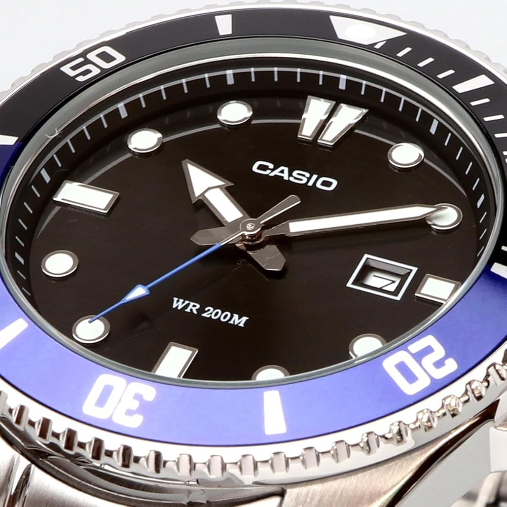 Casio Standard Analog Sports Watch 20 ATM Water Resistant Men's Black Blue Bezel Metal Band