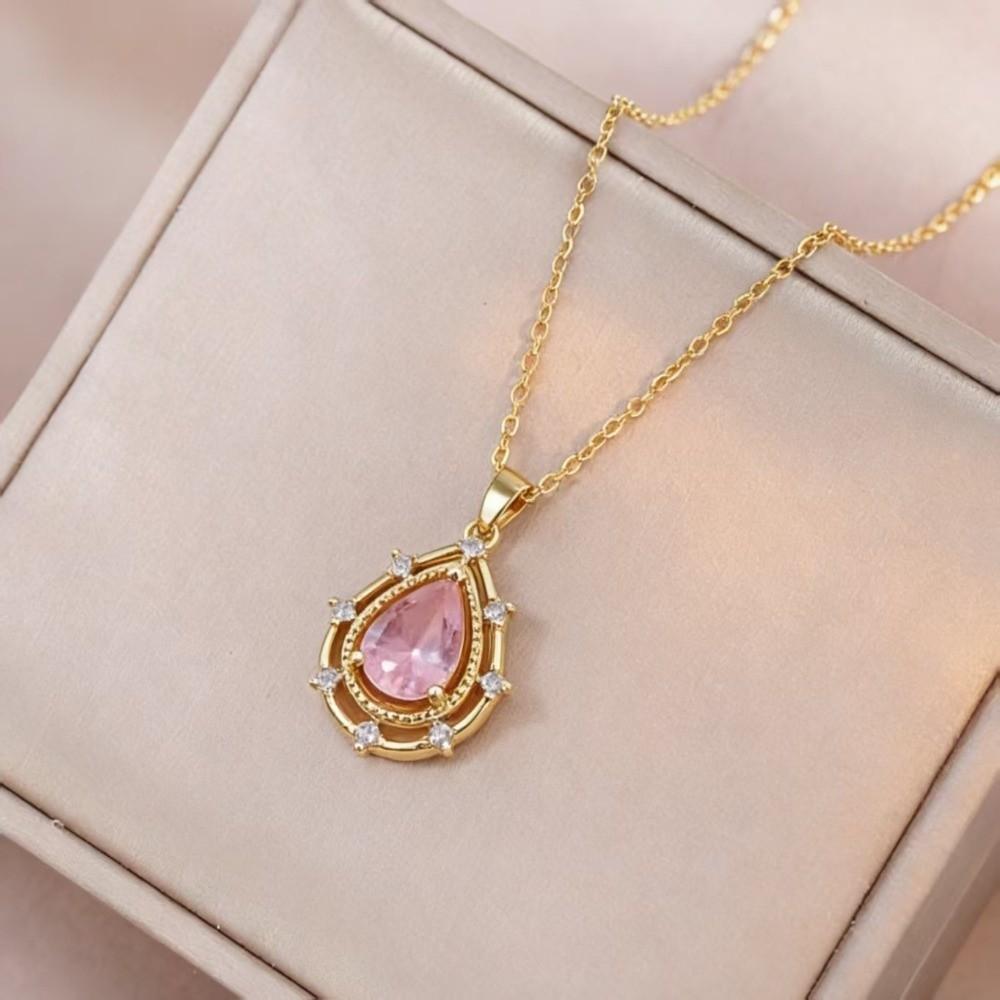 

Sparkling Women s Necklace Pink/Silver Crystal Pendant Vintage Jewelry Zirconia Necklaces Gift золотий