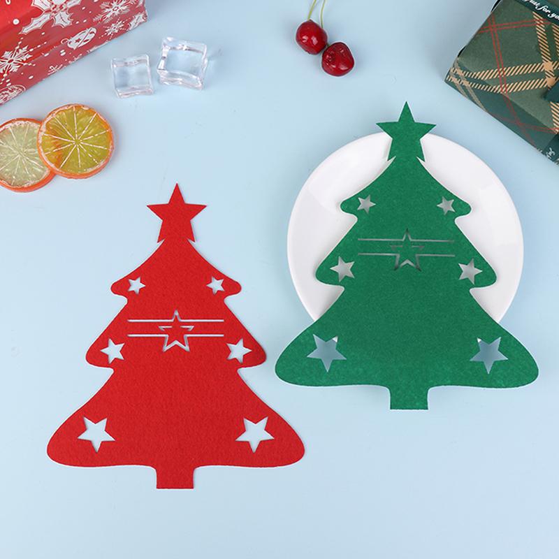 12 Pcs Christmas Tree Shaped Felt Cutlery Mats With Stars Decor Durable For Home Christmas Festive Party Table Decor Accessories