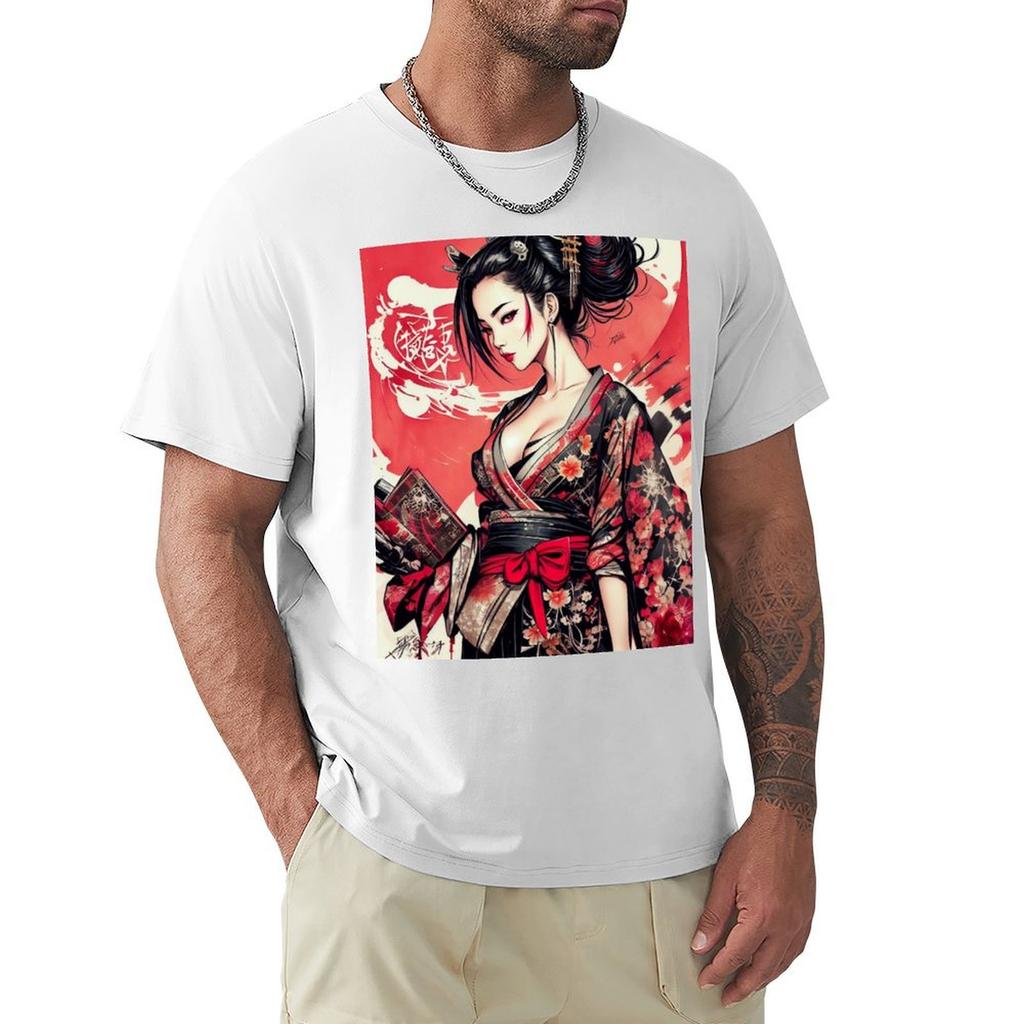 Beautiful Geisha in Red and Black Japanese Dress TShirt basketball graphic tees t shirts for men cotton