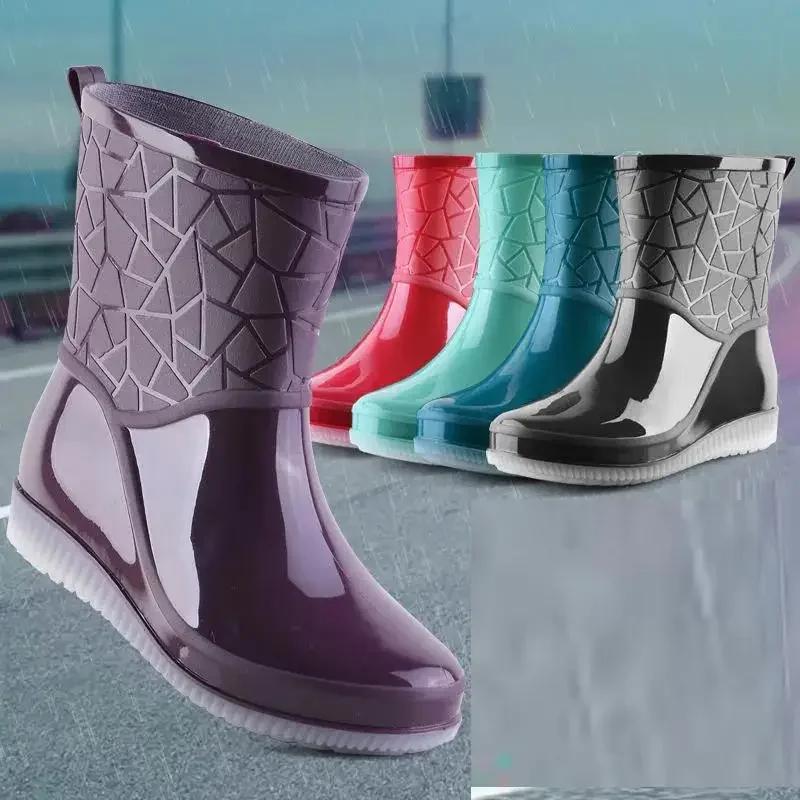 Fashion Rain Boots Women Waterproof Kitchen Car Wash Work Non-slip Mid-Calf Water Boots Antiskid Wear-Resistant Thickened Women Shoes