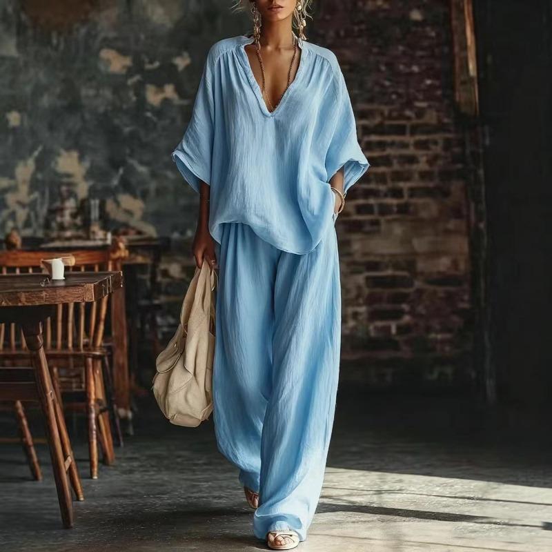 

TIFICY Women s Fashion Casual Summer Spring Solid Color Print 1/2 Sleeves V-Neck Trousers Pants Suits XXXXXL небо синє кольору