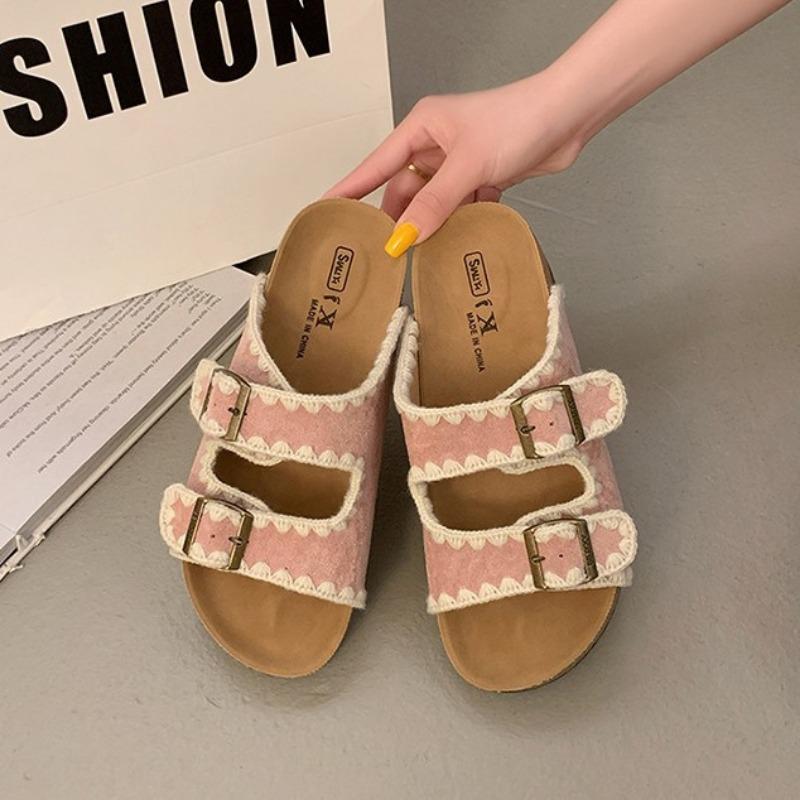 Cowhide version~ sponge cake thick-bottomed one-word slippers for women's summer wear, summer cork beach cool slippers