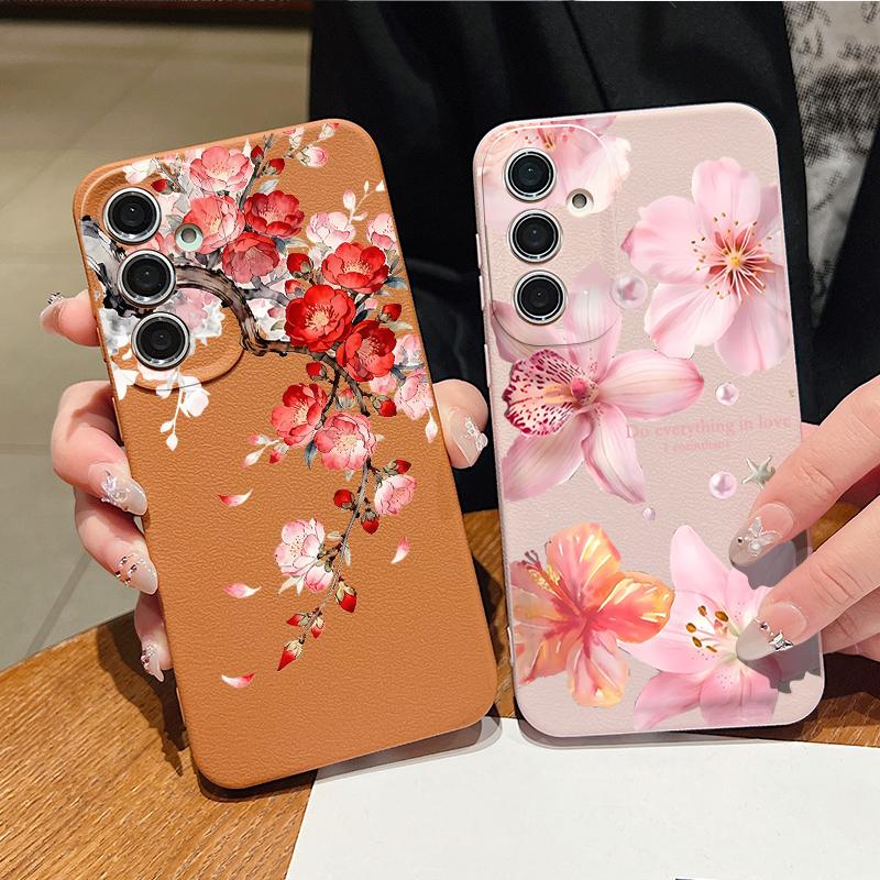 Pink Peach Blossom Case For Samsung S26 Ultra S25 Edge S24 S23 Plus S22 S21 FE A15 A16 A17 A35 A36 A54 A55 A56 A57 5G Leather Texture Soft Cover