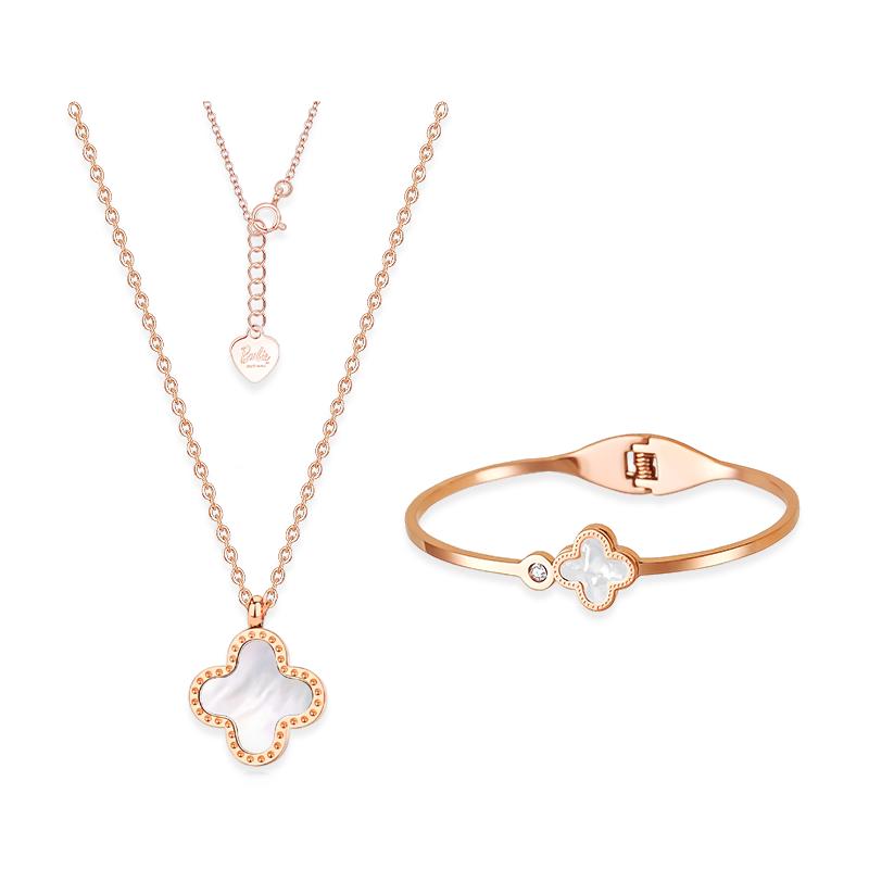 Barbie necklace [Lucky four-leaf clover three-piece set] Clavicle chain bracelet and earrings stacked, exquisite, simple and elegant BBXL0022 белый