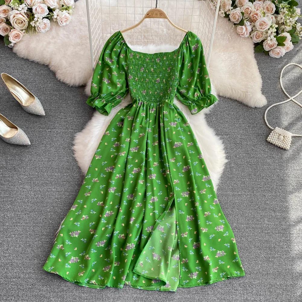 Fashion  Summer Flower Print Long Dress Women Vintage Square Neck Ruched Chest Split  Sundress Party