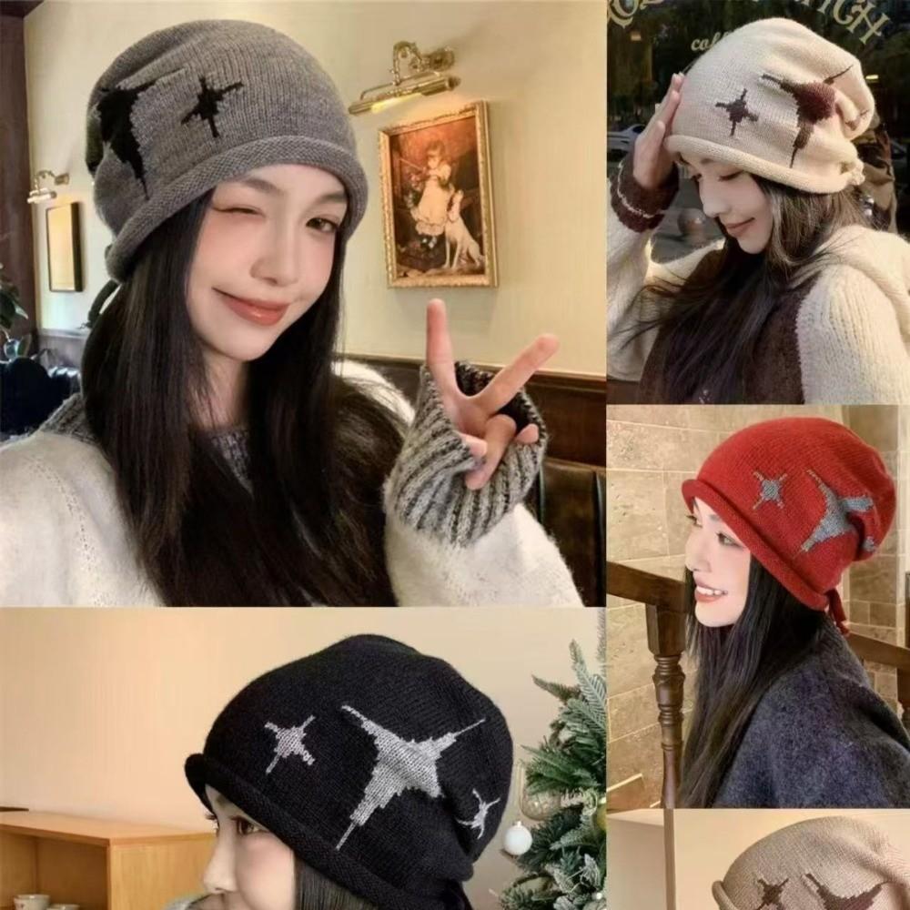 Fashion Star Pattern Knitted Woolen Hat Windproof Cold-proof Cover Head Cap Thickened Keep Warm Drawstring Beanie Cap Outdoor