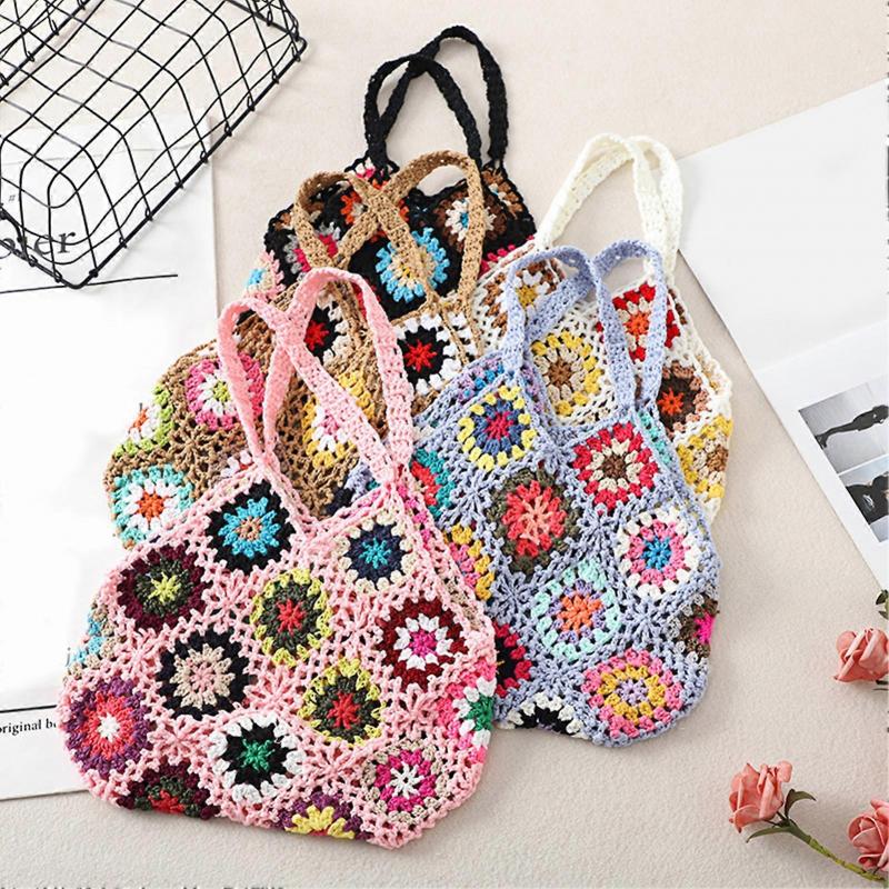 Women Tote Bag Floral Crochet Large Capacity Handmade Vintage Multicolor Hollow Out Handbag for Travel