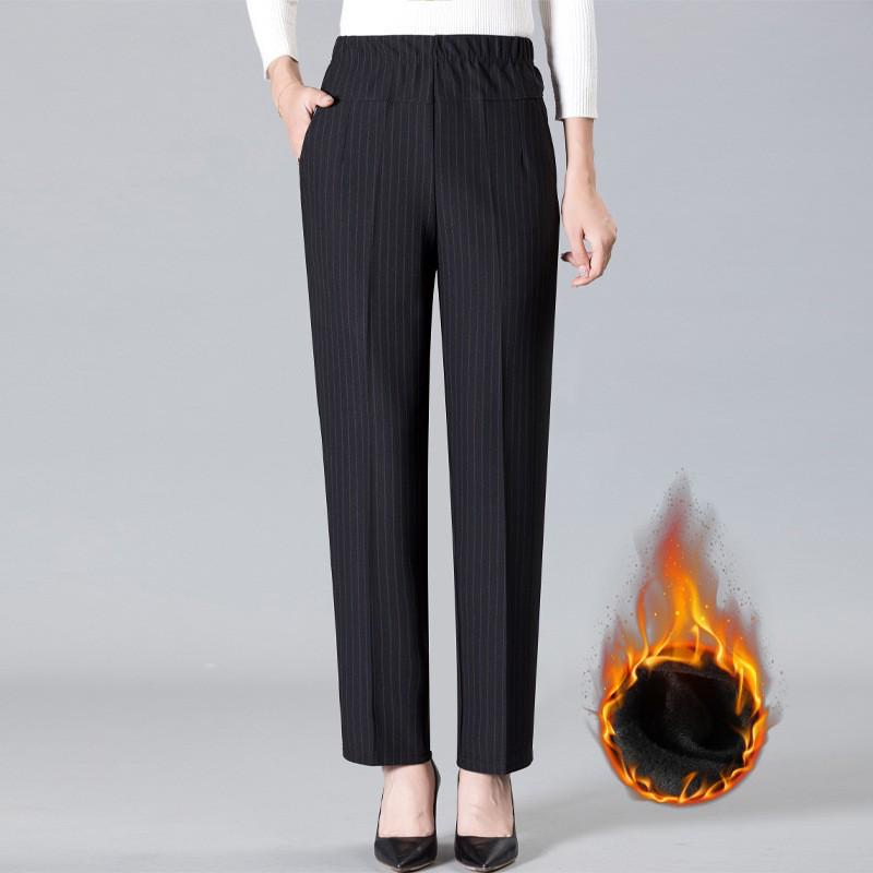 Plus Velvet Thickened Elastic High-Waist Pants for Middle-Aged and Elderly Women - Loose Fit Grandma Straight-Leg Pants